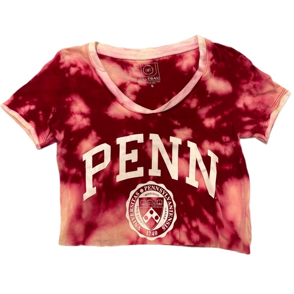 One of a Kind Tie Dye Red and White UPenn Cropped Vneck T Shirt - Picture 1 of 4